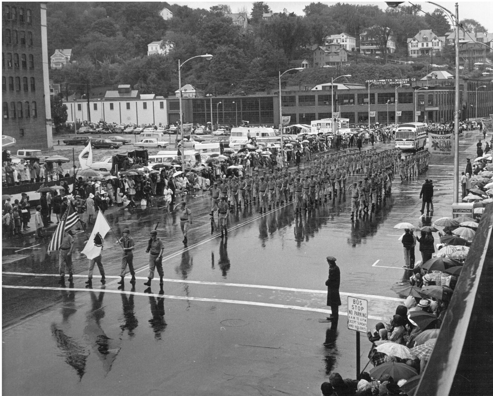 The Massachusetts National Guard marches in the 1963 Fall Foliage Parade. The parade was the first in its eight year history to not carry rain insurance. It rained nearly 2 inches during the parade.
